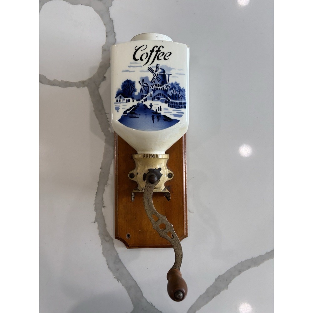 Vintage Germany Delft Porcelain Blue White Coffee Grinder Wall Mount Windmill
